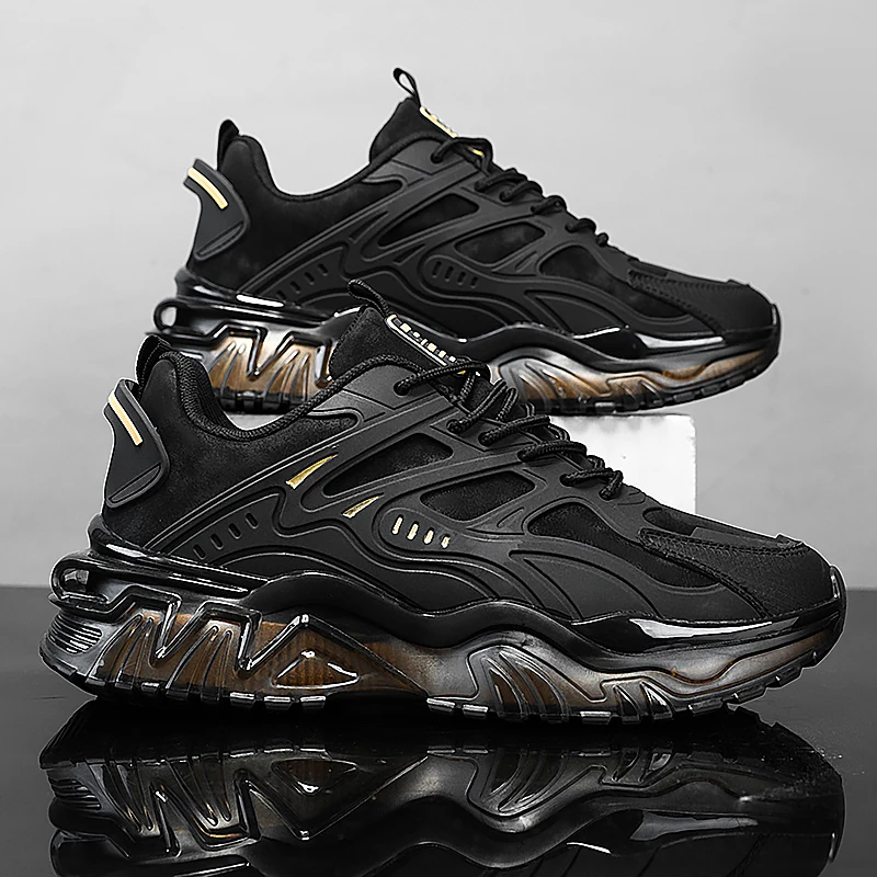 Men's High-Top Running Shoes - Breathable Synthetic Upper, Comfortable Cushioning and Durable Rubber Sole, Suitable for Year-Round Training, Fitness, Jogging - Black with Gold Accents, Sneakers, Streamlined Athletic Design, Lining Fabric