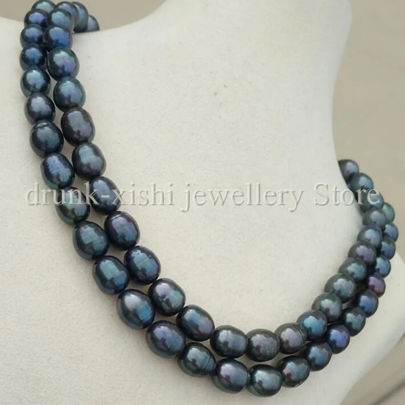 

36" Long Cool Black Lustrous Tahitian Pearl Necklace - 8x10mm AAAA Quality Oval Shape - Filled 14k Gold Clasp - Free Shipping