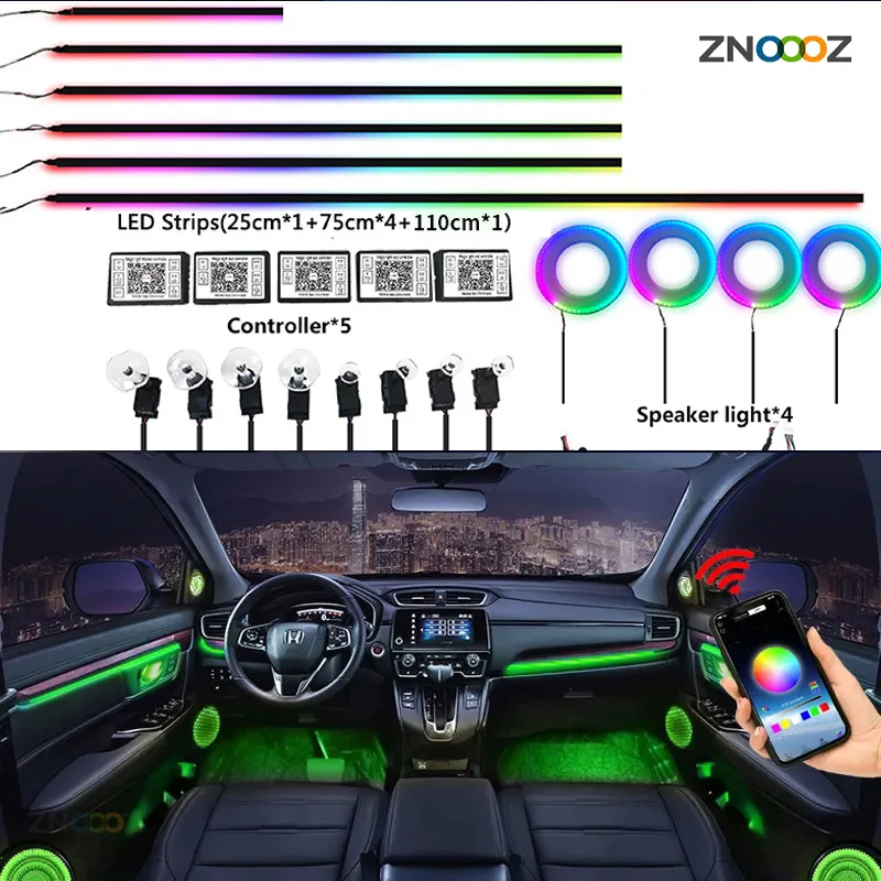 6 In 1 LED RGB 64 Color Ambient Light Interior Acrylic Strip Backlight 18 IN 1 Car Guide