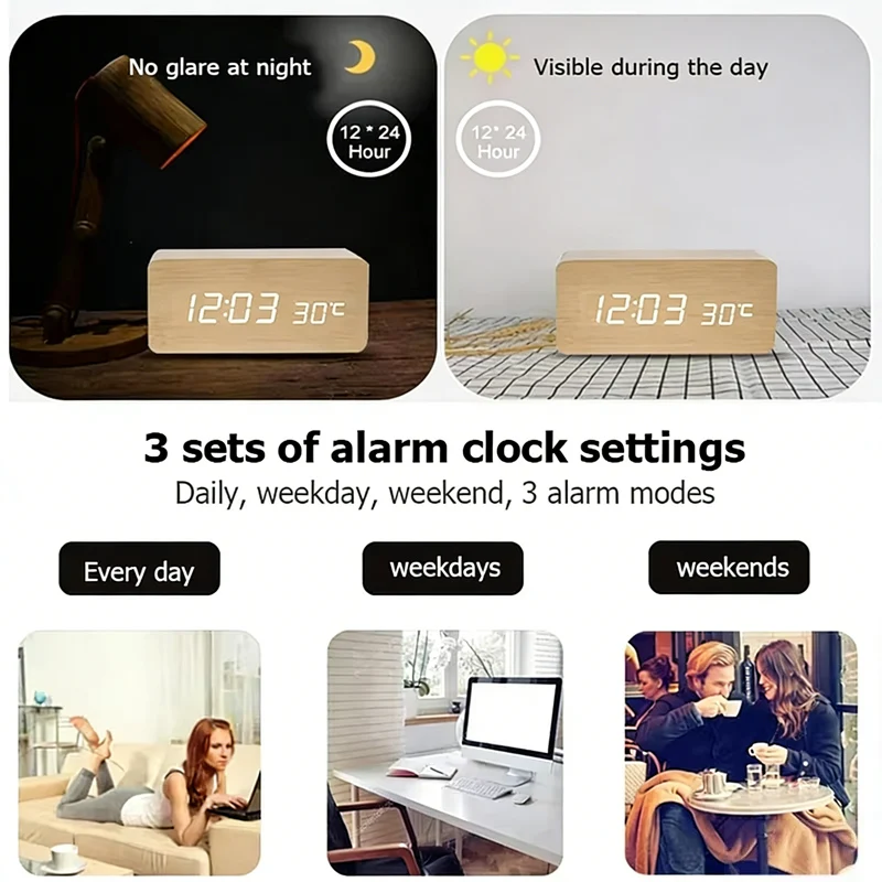 LED Wooden Digital Alarm Clock with Voice Control and USB/AAA Power Options