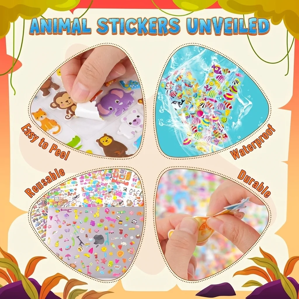 귀여운 동물 스티커 (남아, 여아, 교사, 교실 보상, 공예, 스크랩북킹, 파티 선물용) 3D 퍼피 다양한 스티커 대량