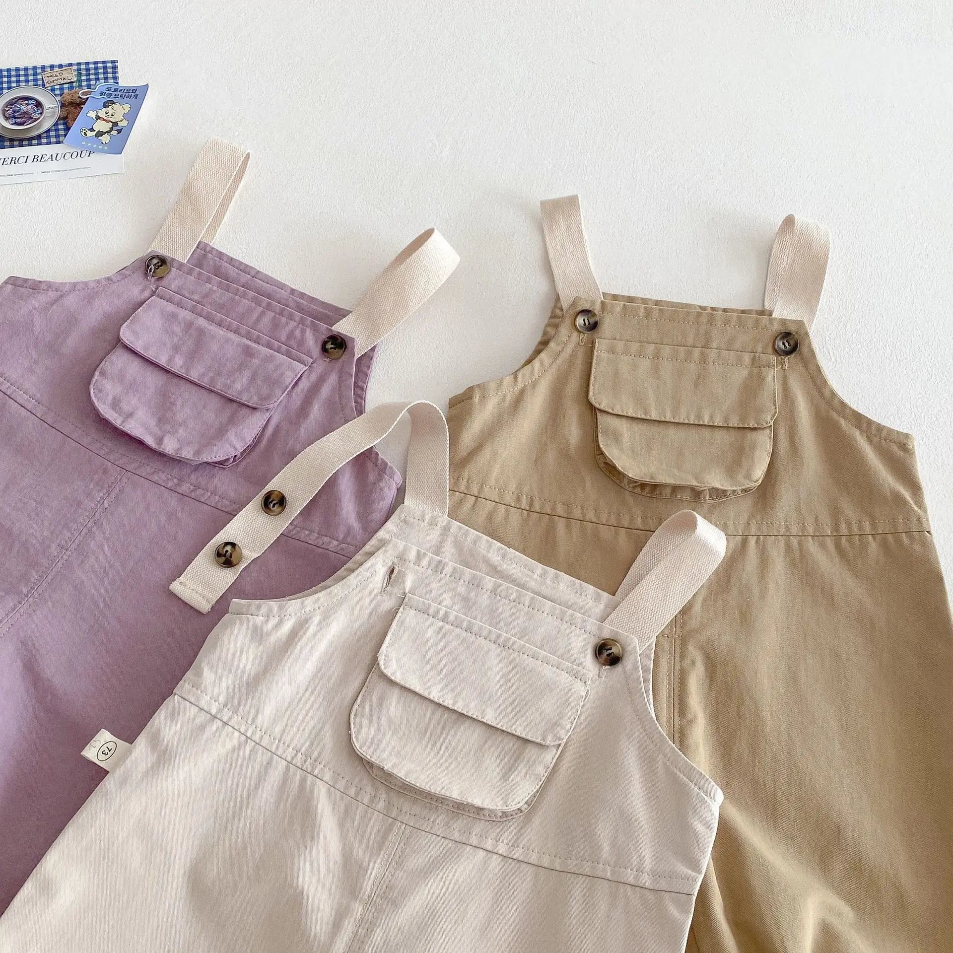 2025 New Kids Overalls 0-5Years Childrn Boy Girl Solid Color Pocket Jumpsuit Cargo Suspender Pant Fashion Bottom Spring Clothes