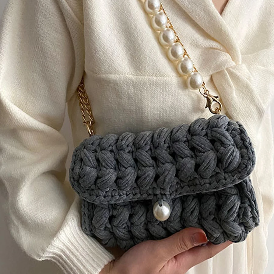 

Handmade Cotton Hand Hook Handbag for Women Pearl Chain Flap Shoulder Crossbody Bag Fashion Small Tote Ladies Purses 2023 Ins