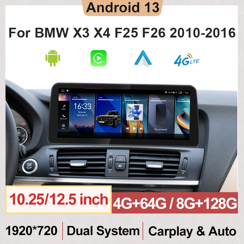 

10.25 Inch Android 13 Car Radio Wireless CarPlay Auto For BMW X3 X4 F25 F26 2011-2017 4G Multimedia Player GPS Navi Stereo 2Din