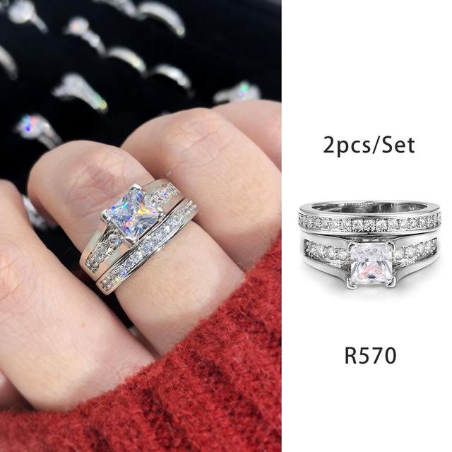 Luxury Diamond Promise Ring Set for Women Bridal Silver Color Big Zircon Proposal Marriage Wedding Cocktail Ring Jewelry