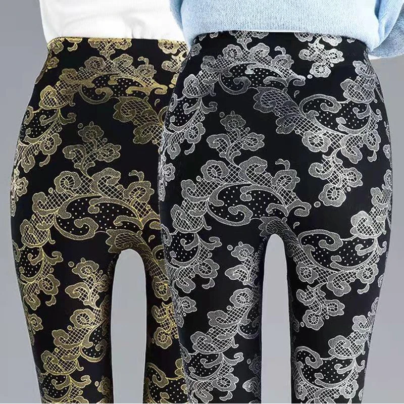 Floral Print Fashion Pants Women Sexy Sports Leggings High-rise Tight Sport Leggins Outerdoor Running Trousers Gold Sliver Pant