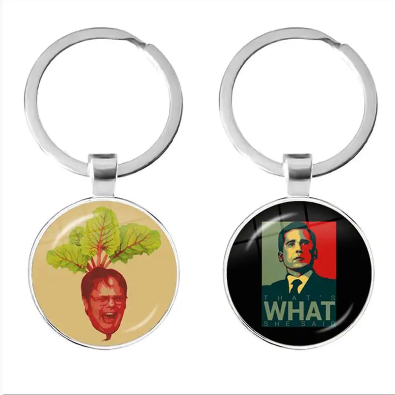 Hot Tv The Office Art Portachiavi Divertente Glass Dwght Schrute Farms Beads Ryan Start Figure Portachiavi Portachiavi Ciondolo Chiave Auto