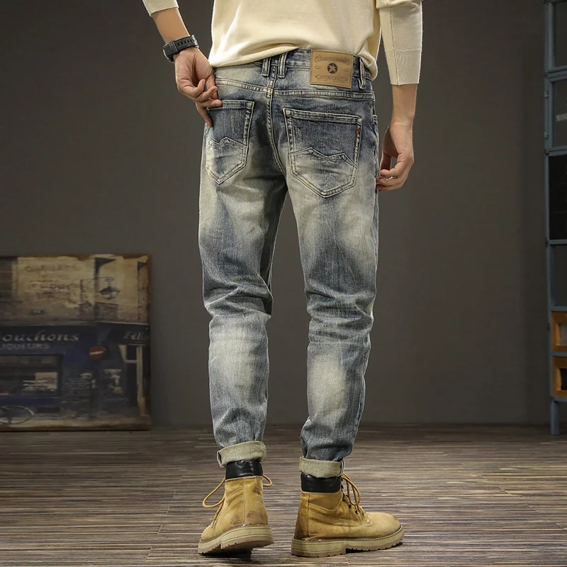 Newly Designer Fashion Men Jeans Retro Blue Elastic Slim Fit Ripped Jeans Men Vintage Trousers Casual Cotton Denim Pants Hombre