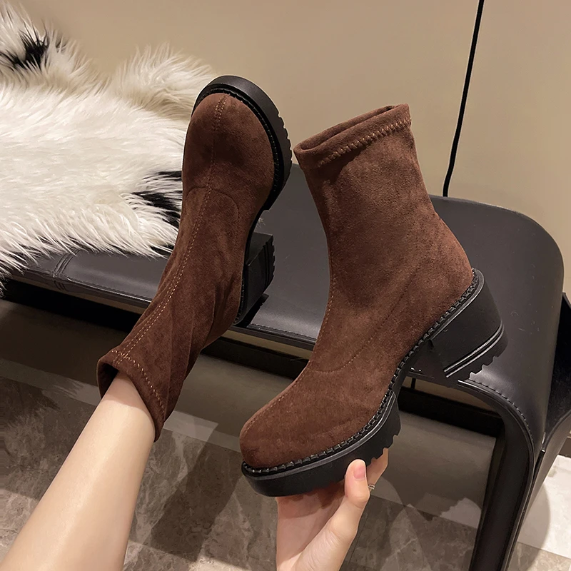 Aphixta 6cm Square Heel Black Ankle Boots Cotton Fabric Women Concise Platform Lady Footwear Shoes Women Warm Sock Boots Size 42