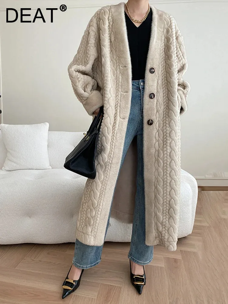 

DEAT Fashion Women's Imitation Mink Down Fur Coat Long Sleeve V-neck Single Breasted Overcoat 2024 Winter New Tide 7AB2808
