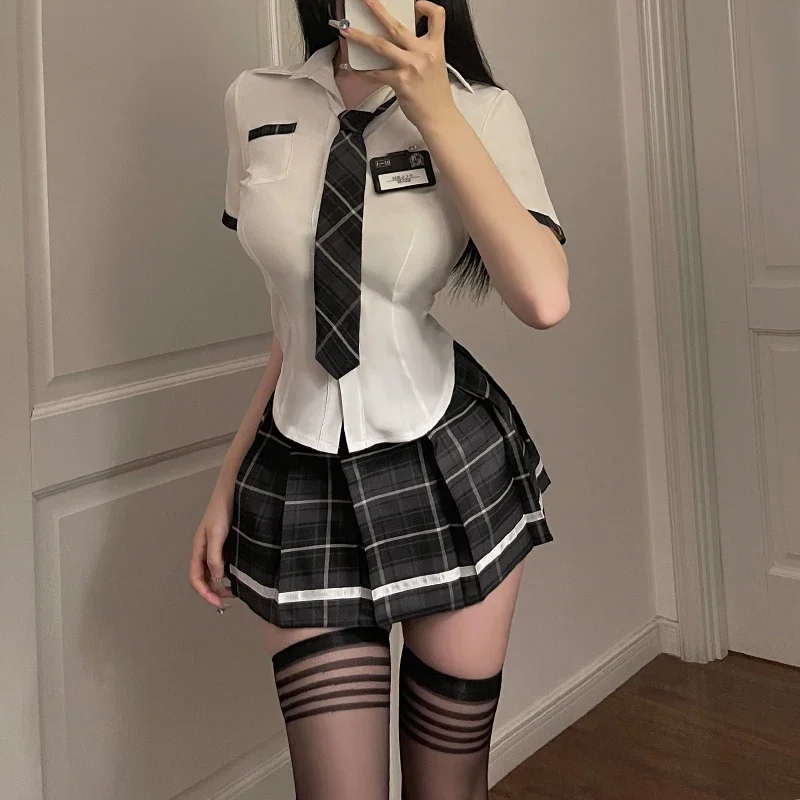 Women Lingerie Set Sexy Slim Fit Schoolgirl Cosplay Outfit Student JK Uniform Shirt Plaid Pleated Skirt Panties