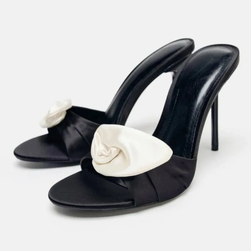 Luxury Flower Decorated Designer Slippers for Women Sexy Open Toe Black Satin Stiletto Slide Sandals Elegant Wedding Bridal Shoe