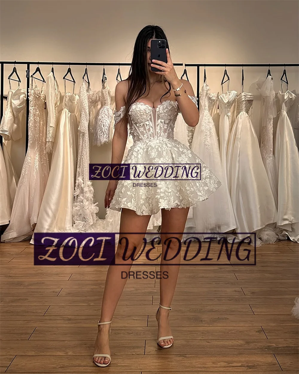 Zoci Exquisite Short Wedding Dresses 3D Lace Appliques Sweetheart Bride Dress Customized Off Shoulder Backless Wedding Gowns 3