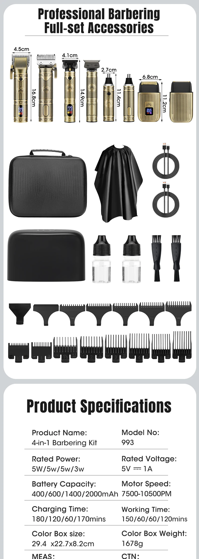 Description Picture 2 of itemRESUXI 993 4 in 1 Hair Clipper Set Men's Professional Hair Trimmer Reciprocating Electric Shaver Electric Nose Hair Clipper Kit
