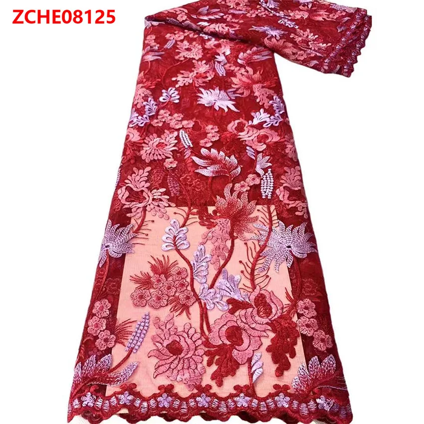 

Red African Nigerian Pure Tulle Damask Lace Fabric Embroidery Net Cloth 5yards