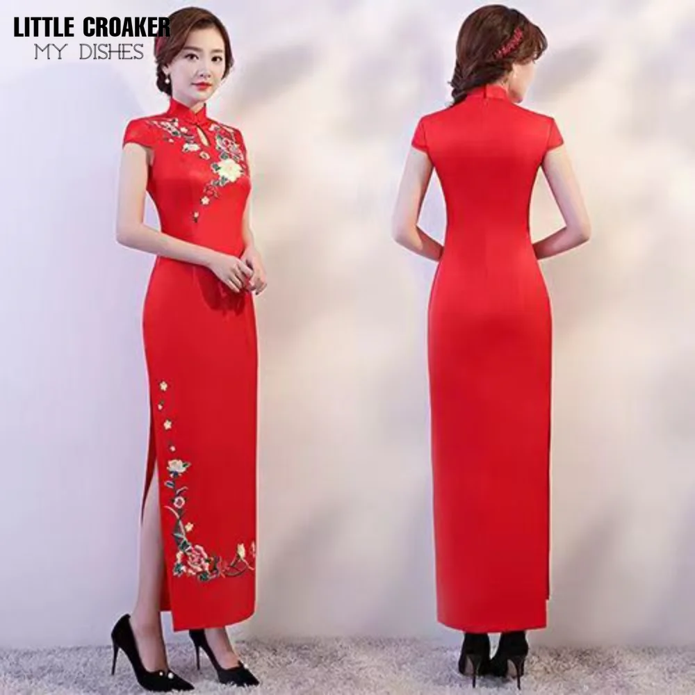 Floral Embroidery Silk Evening Dress Chinese Red Long Qipao Female Cheongsam Dress China Wedding Dresses Plus Size 4XL
