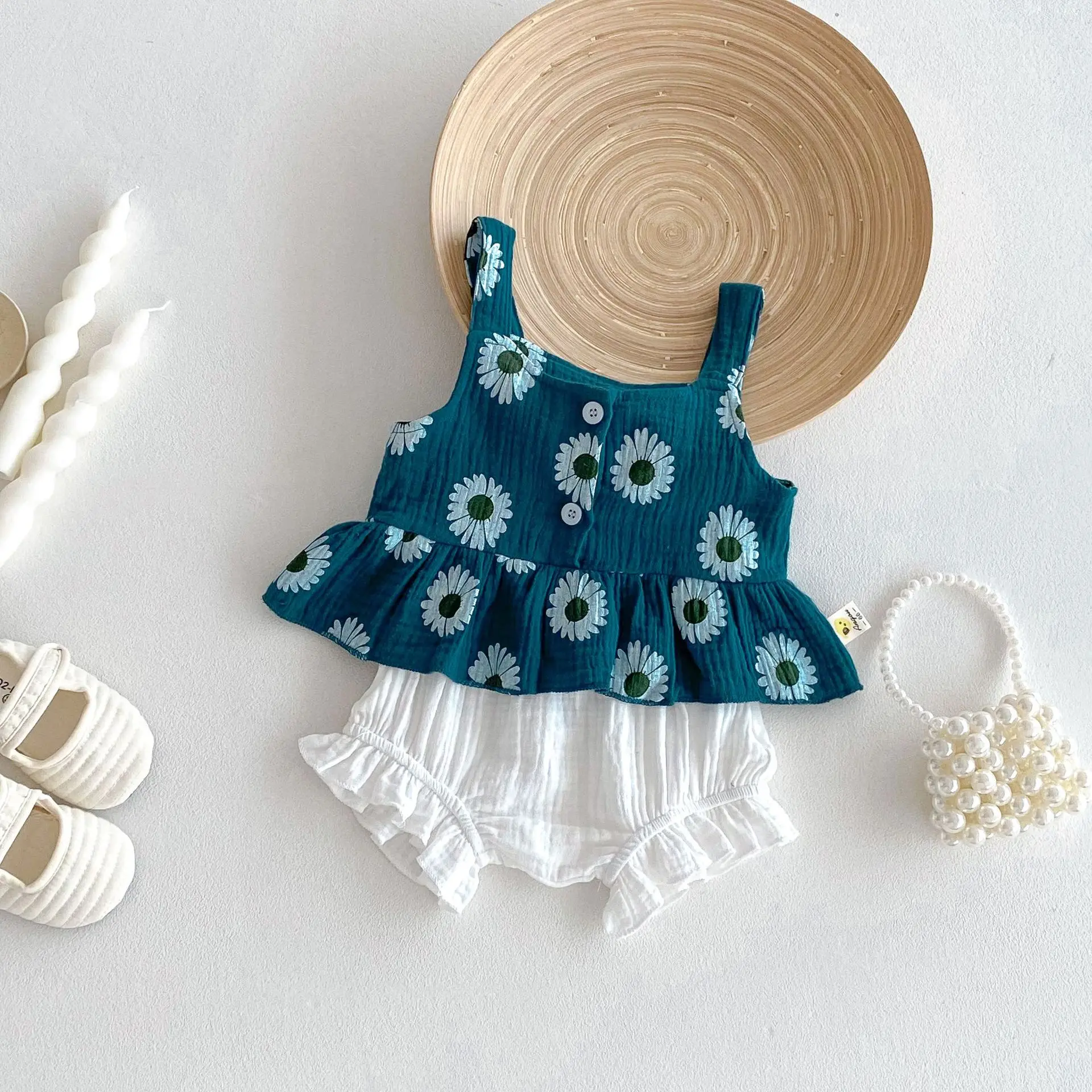 New Western Style Baby Vest and Shorts Set for Baby Summer Wear, Girls' Thin Camisole Top+fart Pack Two-piece Set
