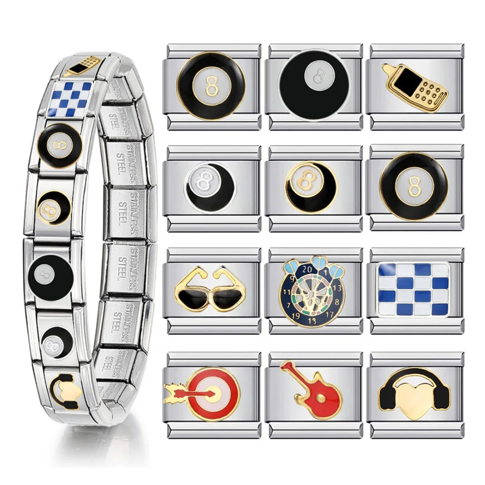 Passend für 9 mm italienisches Charm-Armband, Glückszahl 8, Spielmaschine, Dart, Edelstahl, DIY-Herstellung, elastische Gliederkette, Modeschmuck