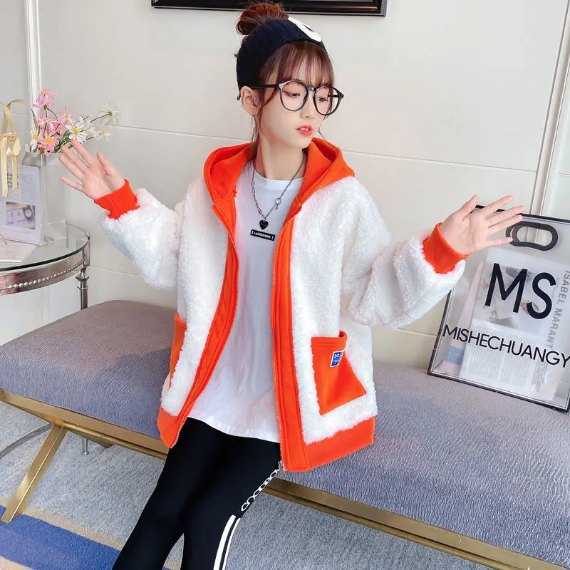 

Korean Fashion Children Lamb Wool Coat Girls Winter Plaid Pattern Wool Jackets Casual Outerwear Outdoor Thick Warm Cotton Top