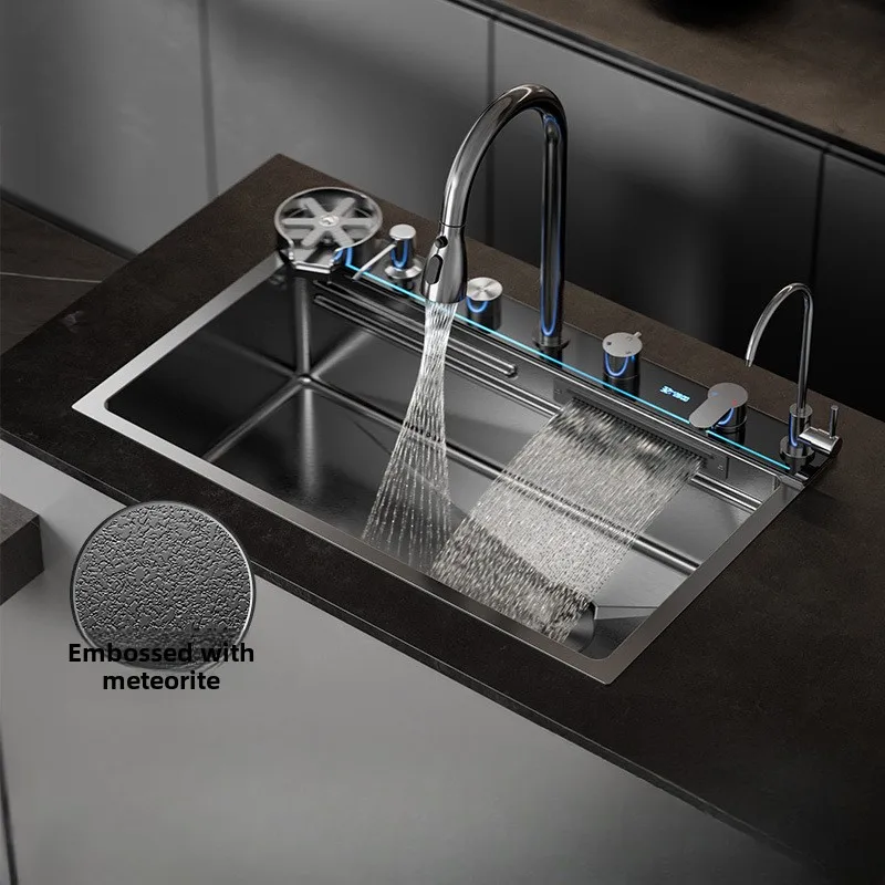 Premium 304 Stainless Steel Kitchen Sink Set, The Starry Sky Meteorite Textured LED Display Waterfall Whale Sink Kit