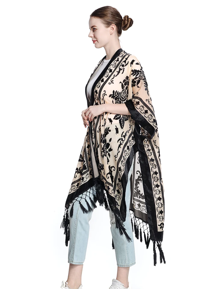 Velvet Kimono Cardigan with Tassels for Women