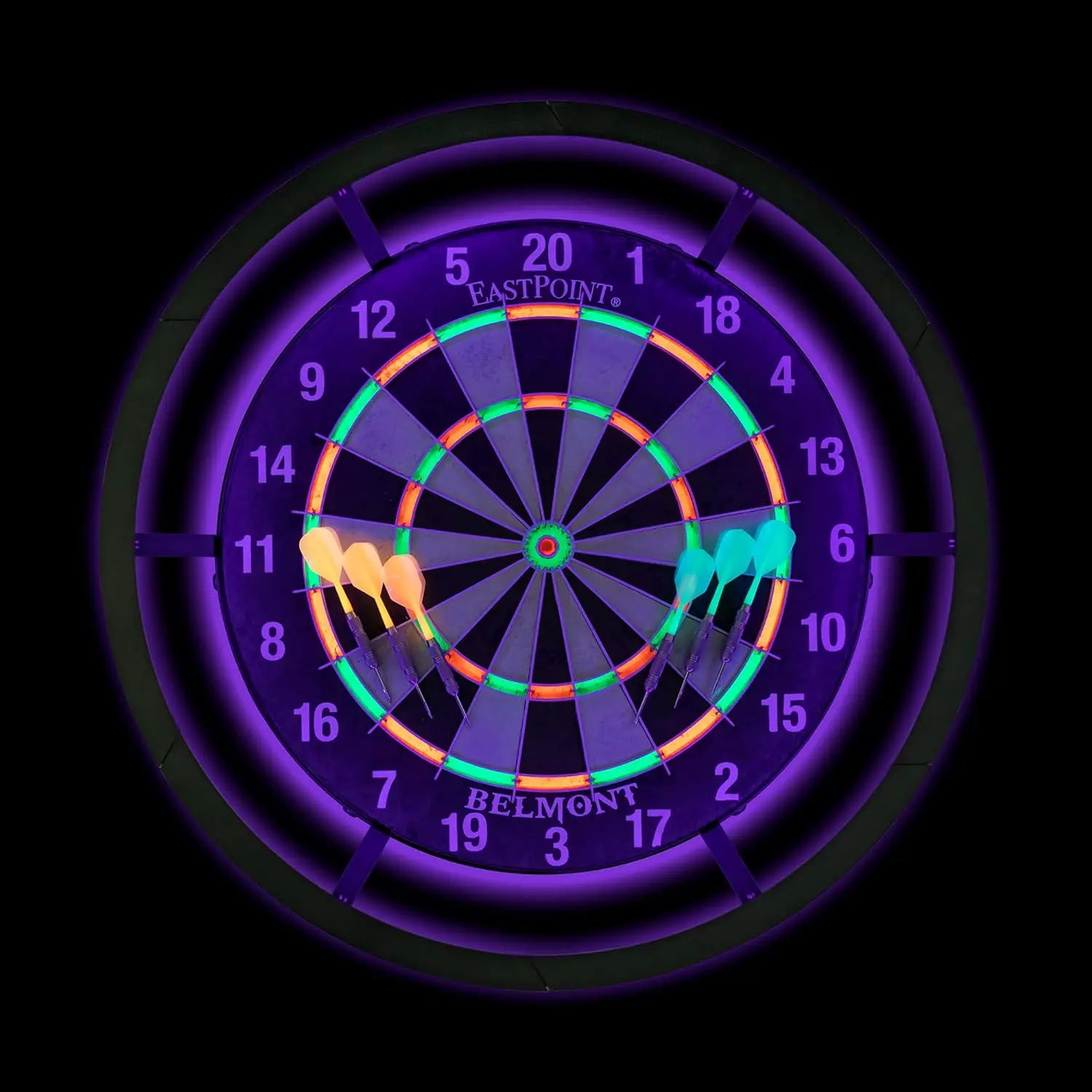 

Size Blacklight Dart Board Set with Neon Scoring Segments and Dart Flights - Includes 6 18g Steel Tip Darts and Hardware Kit - G