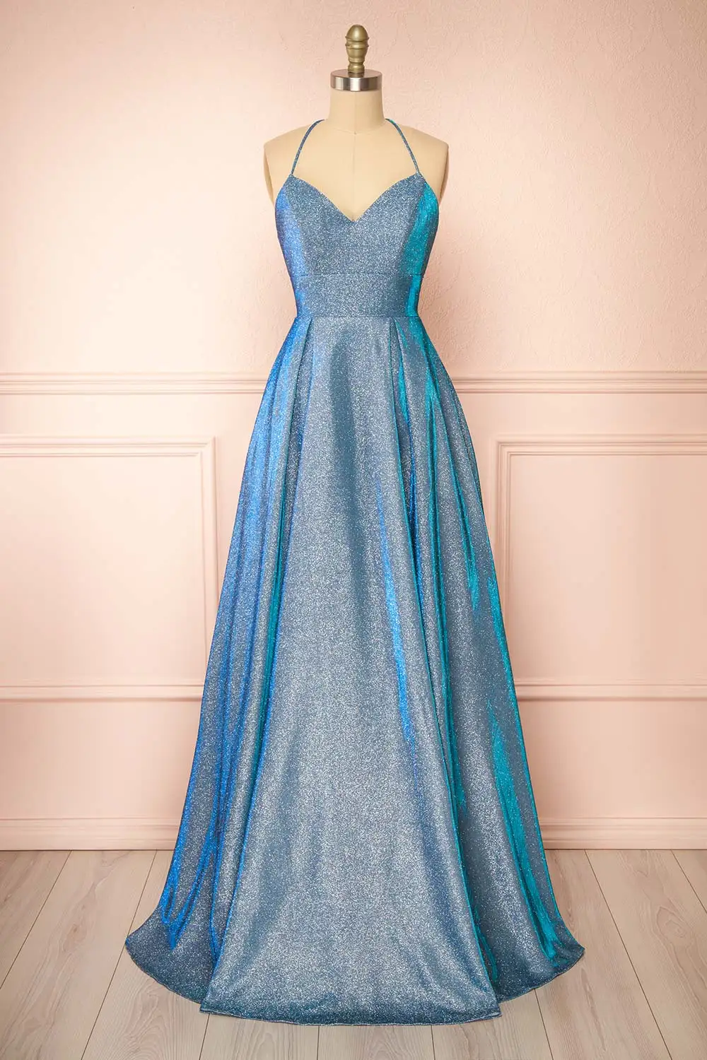 

Blue A-line Spaghetti Straps Prom Dress For Women Sparkly Long Formal Evening gowns Backless lace up Glitter Satin Party Dresses