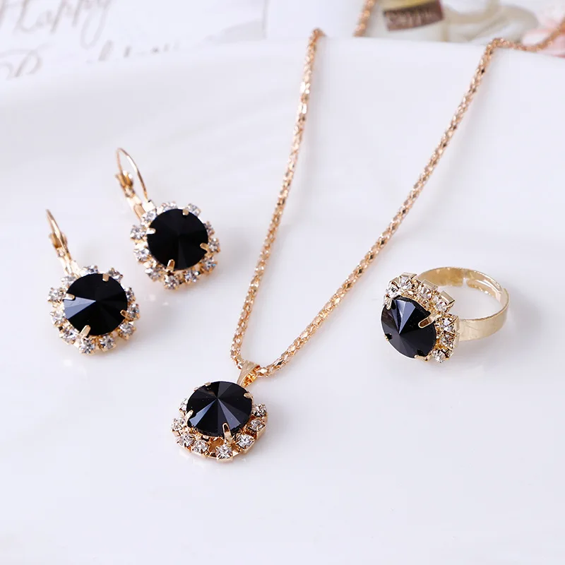 Fashion Jewelry Set for Women Round Crystal Pendants Earrings Ring Sets Bridal Decoration Colorful Three Piece Gifts
