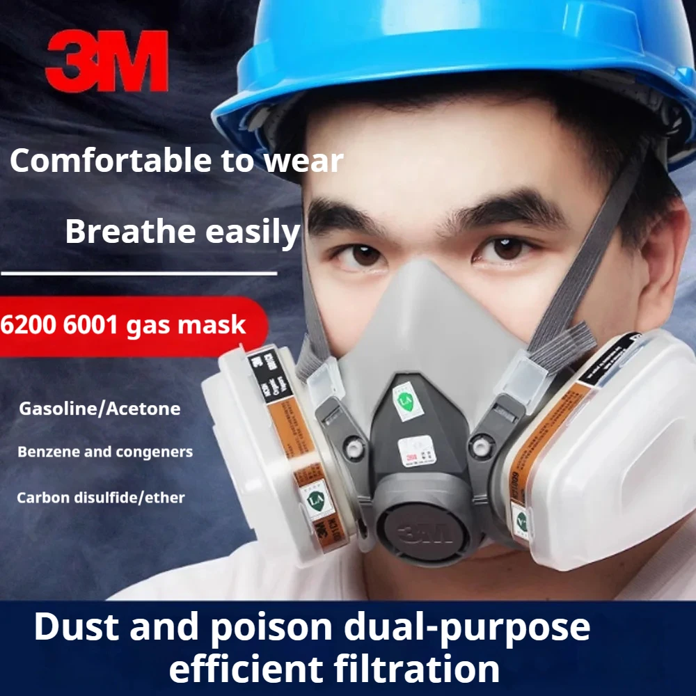 Vue de face du masque respiratoire 6200 avec filtres, équipement de protection pour chantier.