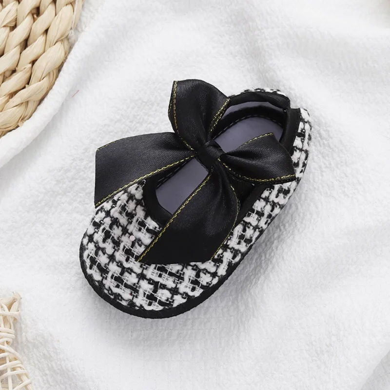 Newborn Baby Shoes Baby Boy Girl Princess Shoe Black White Checkered Bow Anti-slip Toddler First Walkers Infant Girl Shoes 0-12M 4