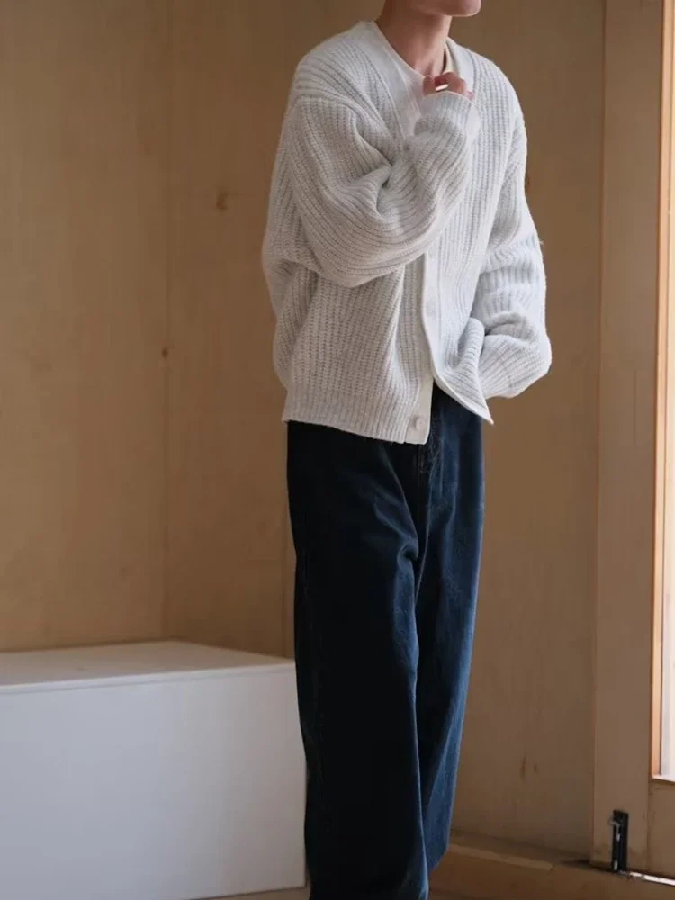 Knitted Cardigan Men Chic Warm Simple Advanced Knitting Sweaters Japanese Style V-neck Single Breasted Daily Unisex