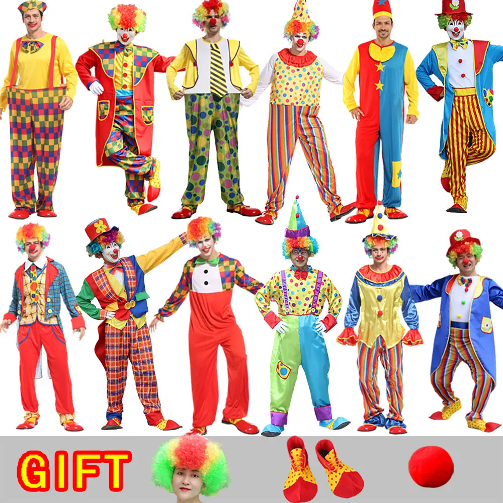 

Halloween Adult Funny Circus Clown Cosplay Costumes Hat Man Women Joker Jumpsuit Cosplay Christmas Carnival Party Dress No Wig