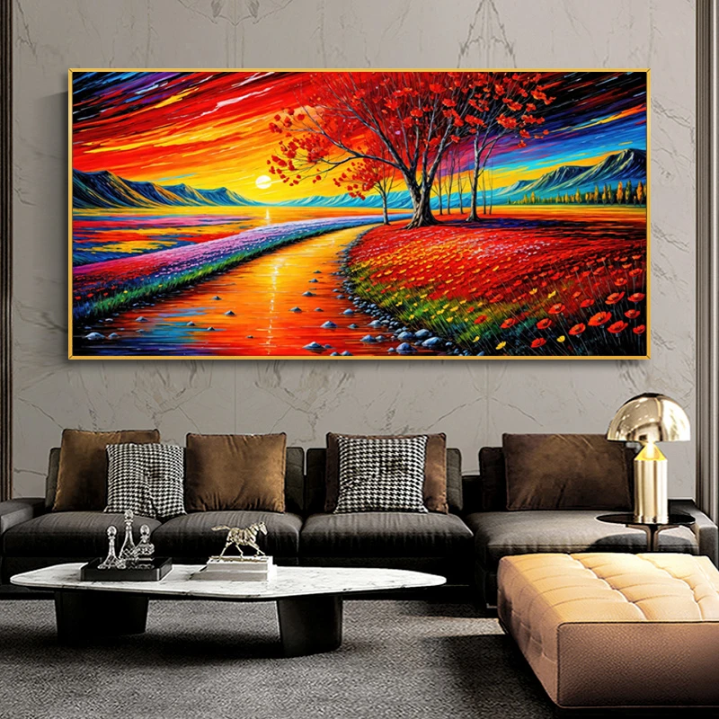 Estate Wild Poppies Canvas Painting Red Poppies Fiori Poster E Stampe Paesaggio Albero Wall Art Per Soggiorno Senza Cornice