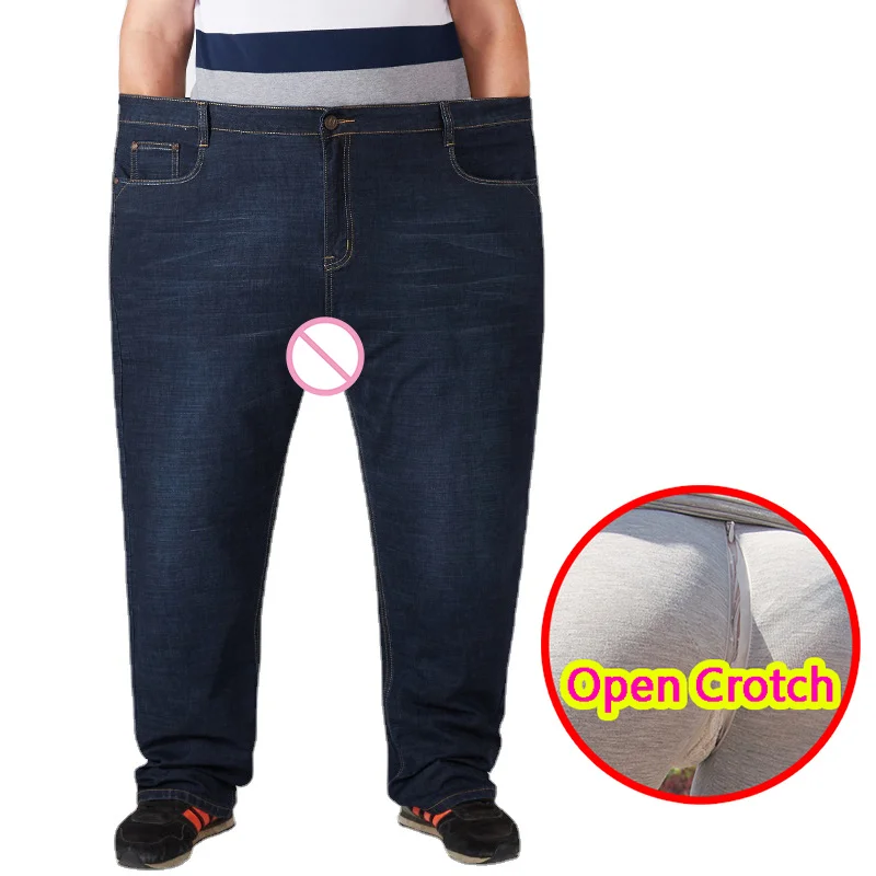 Men Open Crotch Sexy Denim Jeans Hidden Zippers Hot Pants Large Weight Waist Trousers Crotchless