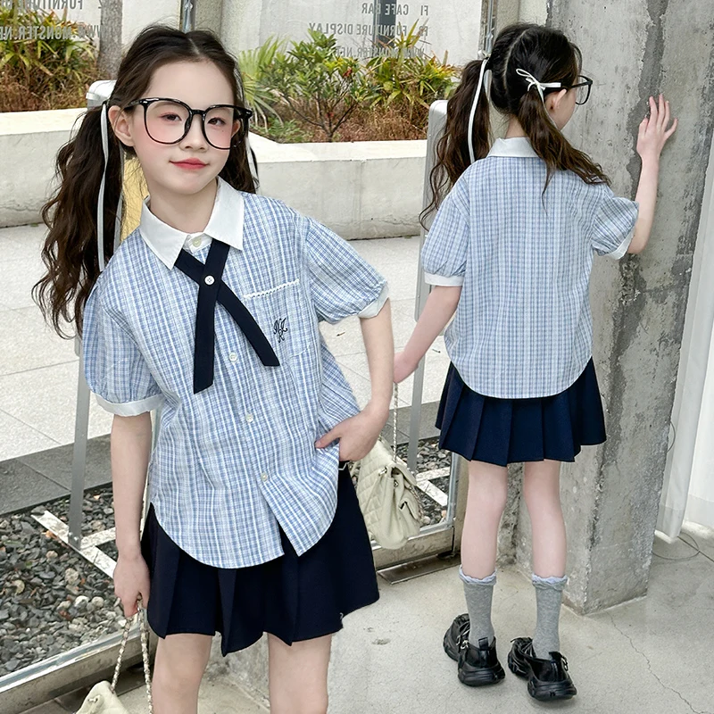 Mädchenanzug Sommer 2026 Preppy-Stil Niedliches Lässiges Kurzarm-Karohemd und Plissierter Rock Zweiteiliges Set Kinderkleidung