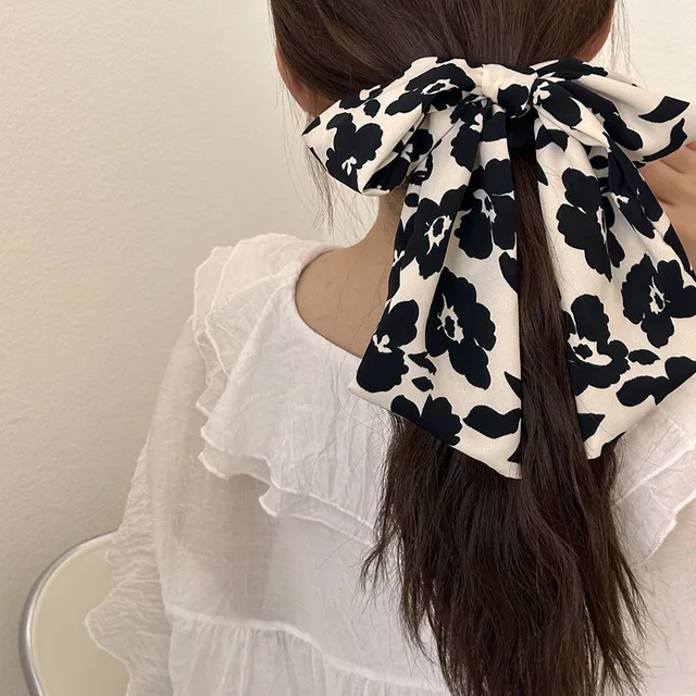 Woman Bowknot Scrunchies Black White Ribbon Hair Ties Hair Bands for Girls Hair Accessories Headwear 6