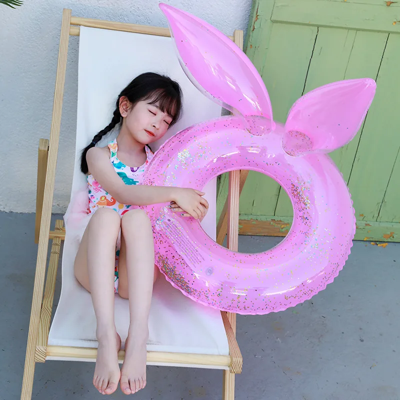 Inflatable Sequins Pink Green Cute Rabbit Ears Swimming Ring for Kids Adults Pool Float Swim Circle Water Pool Toy