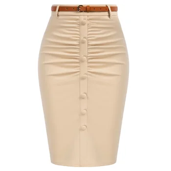 BP Vintage Ruched Skirt With Belt High Waist Front Slit Knee Length Slim Fit Hips-wrapped Pencil Skirt Fashion Temperament