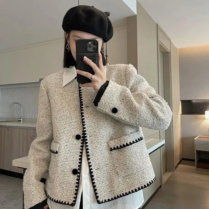 

Женская твидовая куртка, Элегантная укороченная винтажная короткая куртка в Корейском стиле для офиса, модная верхняя одежда для осени и зимы