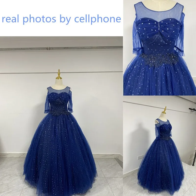 Dark Blue Quinceanera Dresses New Illusion O-neck Half Sleeve Robe De Bal Classic Elegant Bling Shining Plus Size Customized