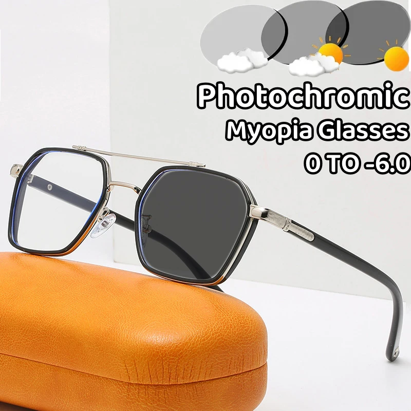 

2023 Vintage Anti-reflective Near Sight Glasses New Double Beam Photochromic Myopia Glasses Women Short-sighted Eyeglasses