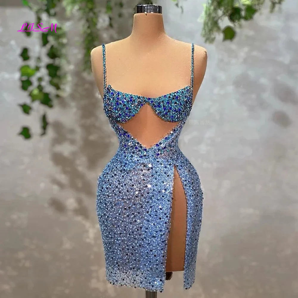 Lantejoulas vestido de cocktail com decote em v bainha sem mangas alças de espaguete vestidos de baile sexy glitter frisado vestidos de festa formal