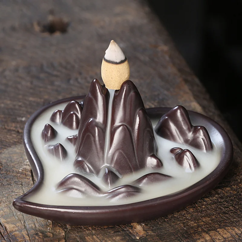 Ceramic Backflow Incense Burner - Creative Heart-shaped "High Mountain and Flowing Water" Design, Home Decoration Ornament&Gift