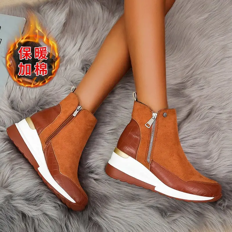 

Women Boots 2023 Suede Leather Patchwork Wedge Heels Platform Shoes Ladies Side Zipper Ankle Boots Plus Size Booties Botas Mujer