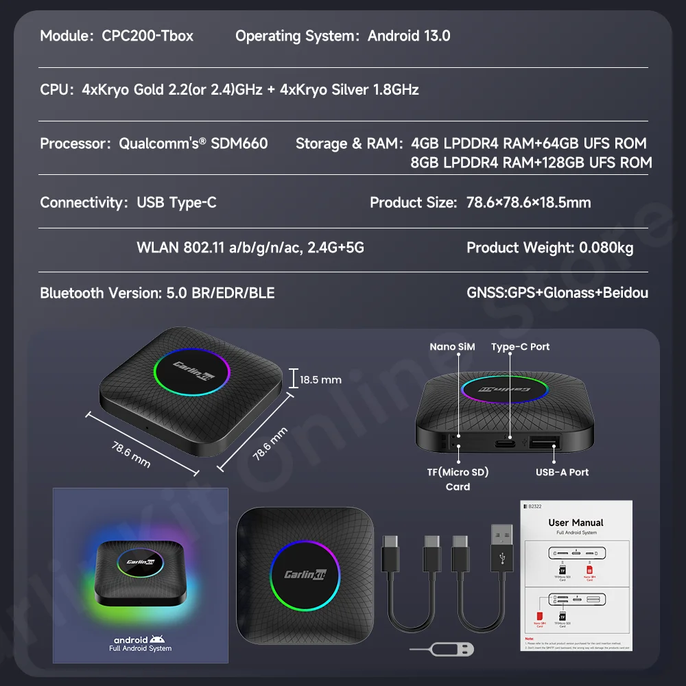Carlinkit TV ڽ, SDM660,  8 ھ, ȵ̵ 13 ī÷, ȵ̵ ڵ  ,  ¶  USB-A Ʈ, Ʃ