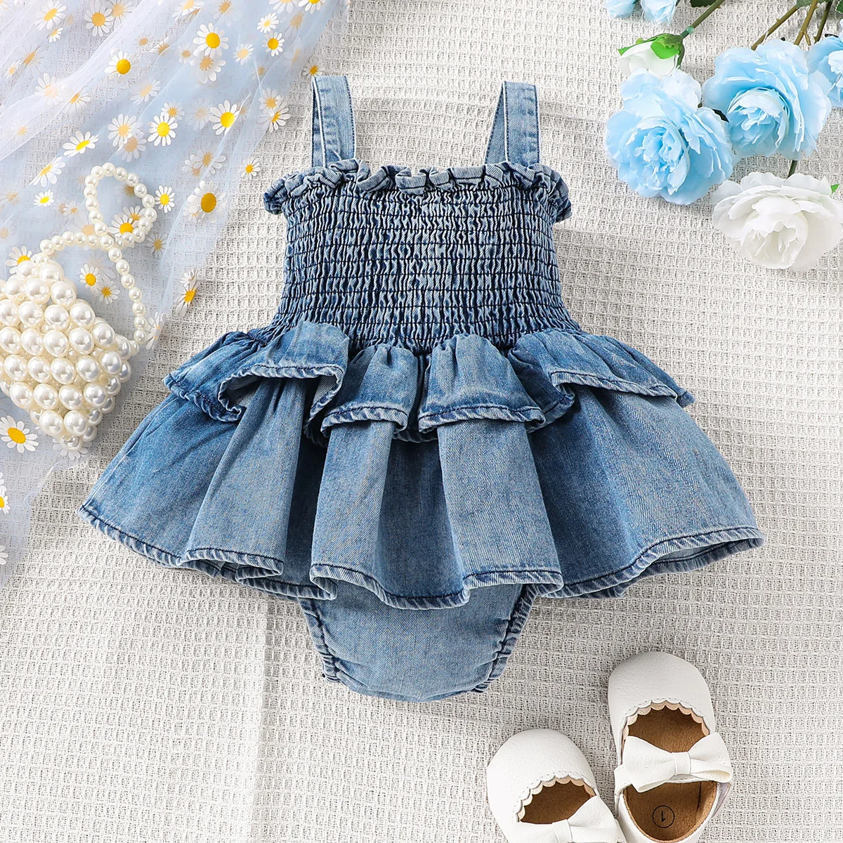 Denim Baby Girls One Piece Ruffle Bodysuit