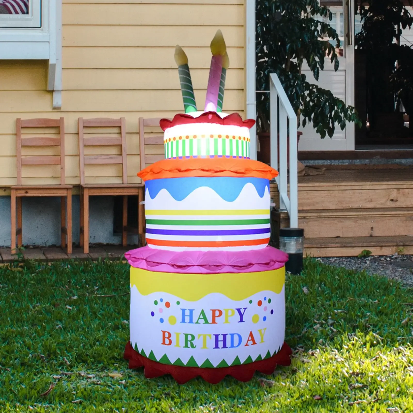 Inflatable Happy Birthday Cake 6FT Lighted Party Decoration with LED Light for Holiday Patio Outdoor Birthday Gifts Kids Toys