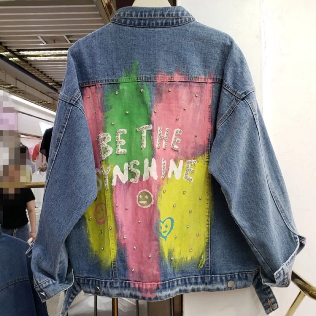 

Streetwear Exquisite Rhinestone Painted Lapel Denim Jacket Women's Diamonds Jeans Jacket 2023 Autumn New Fashion