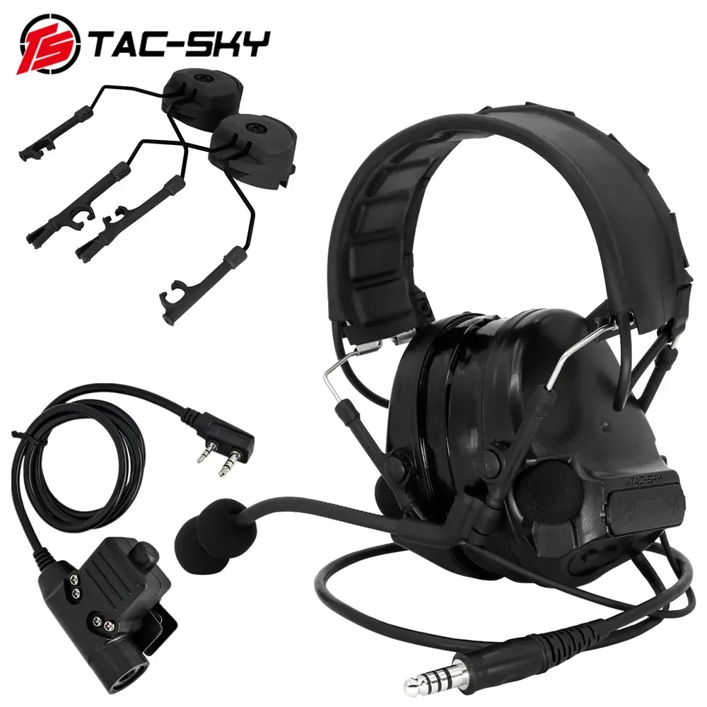 TAC-SKY COMAC III 청력 보호 사운드 증폭 전술 헤드폰, U94 PTT 및 ARC 헬멧 마운트 어댑터 포함