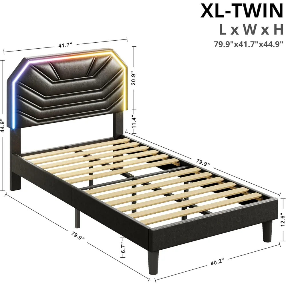Twin XL Bed Frames with Lighted Headboard, Upholstered Modern Cama Twin XL Platform Bed with Heavy Duty Supports 2